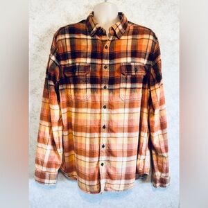 George Bleached Flannel Dipped Orange Brown Plaid Shirt Men's Size XLT (46-48)